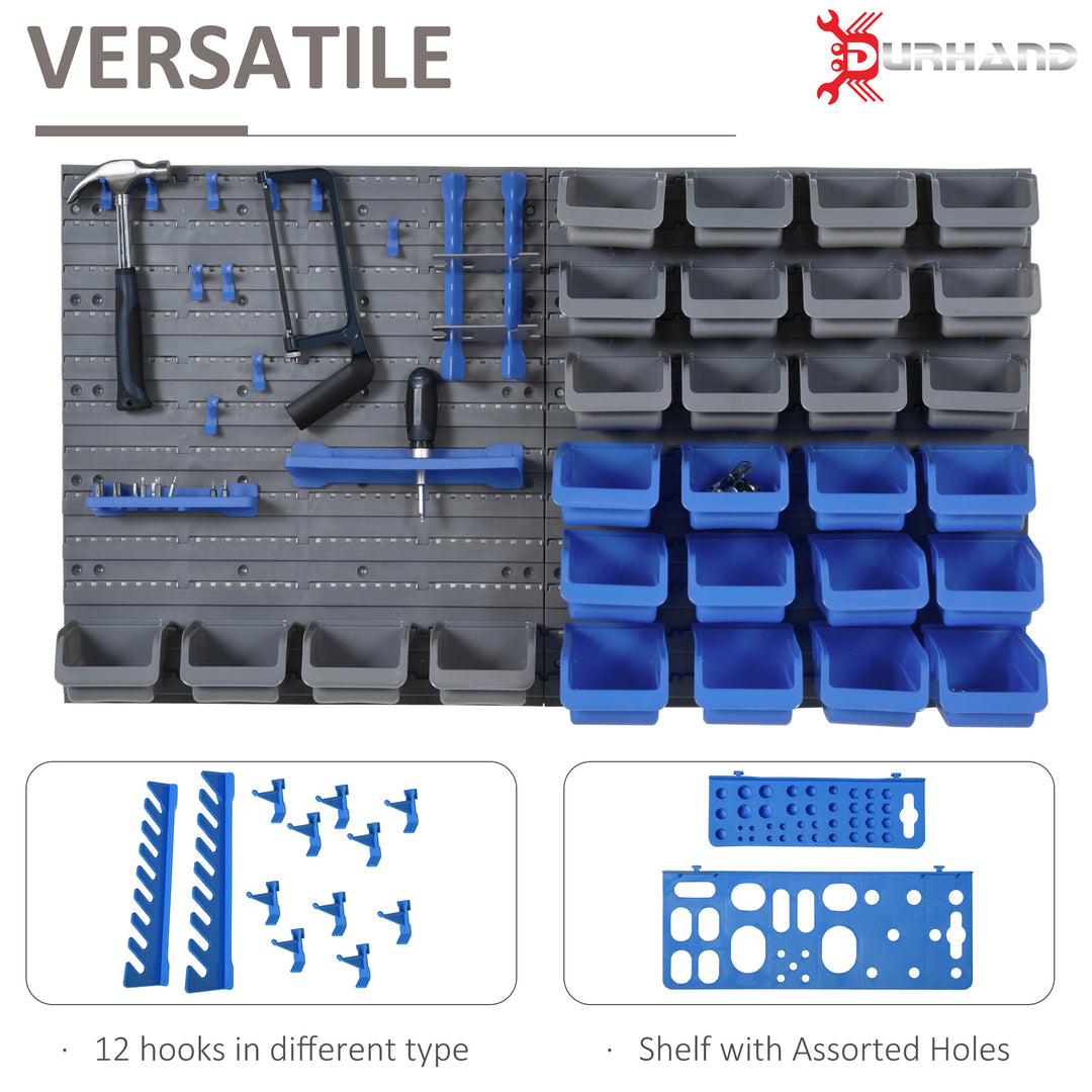 DURHAND 44PC Wall Mounted Storage Bins Parts Rack Kit with 2 Colour Parts, Hardware Screw Tool Organizer with Storage Bins, Pegboard and Hooks, Garage Plastic Organizer, Blue