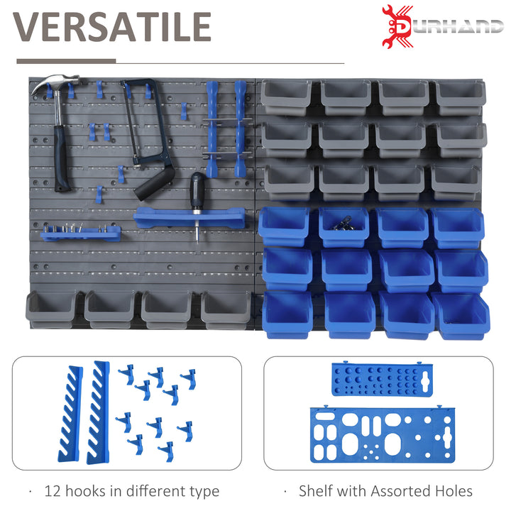 DURHAND 44PC Wall Mounted Storage Bins Parts Rack Kit with 2 Colour Parts, Hardware Screw Tool Organizer with Storage Bins, Pegboard and Hooks, Garage Plastic Organizer, Blue
