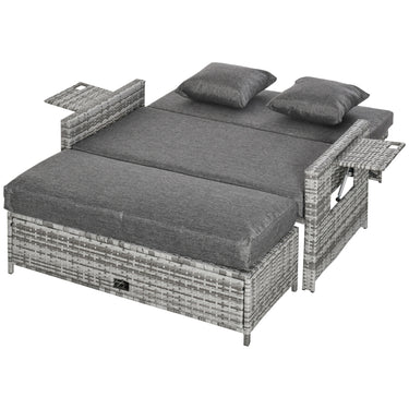 Outsunny 2 Piece Rattan Outdoor Daybed, 2 Seater Sofa Set with Footstool, Storage, Cushions and Pillows for Garden, Patio, Grey