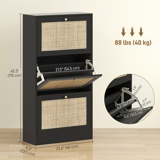 HOMCOM Rattan Shoe Storage Cabinet with 3 Flip Drawers and Adjustable Shelves, Entryway Shoe Cabinet for 18 Pairs, Black