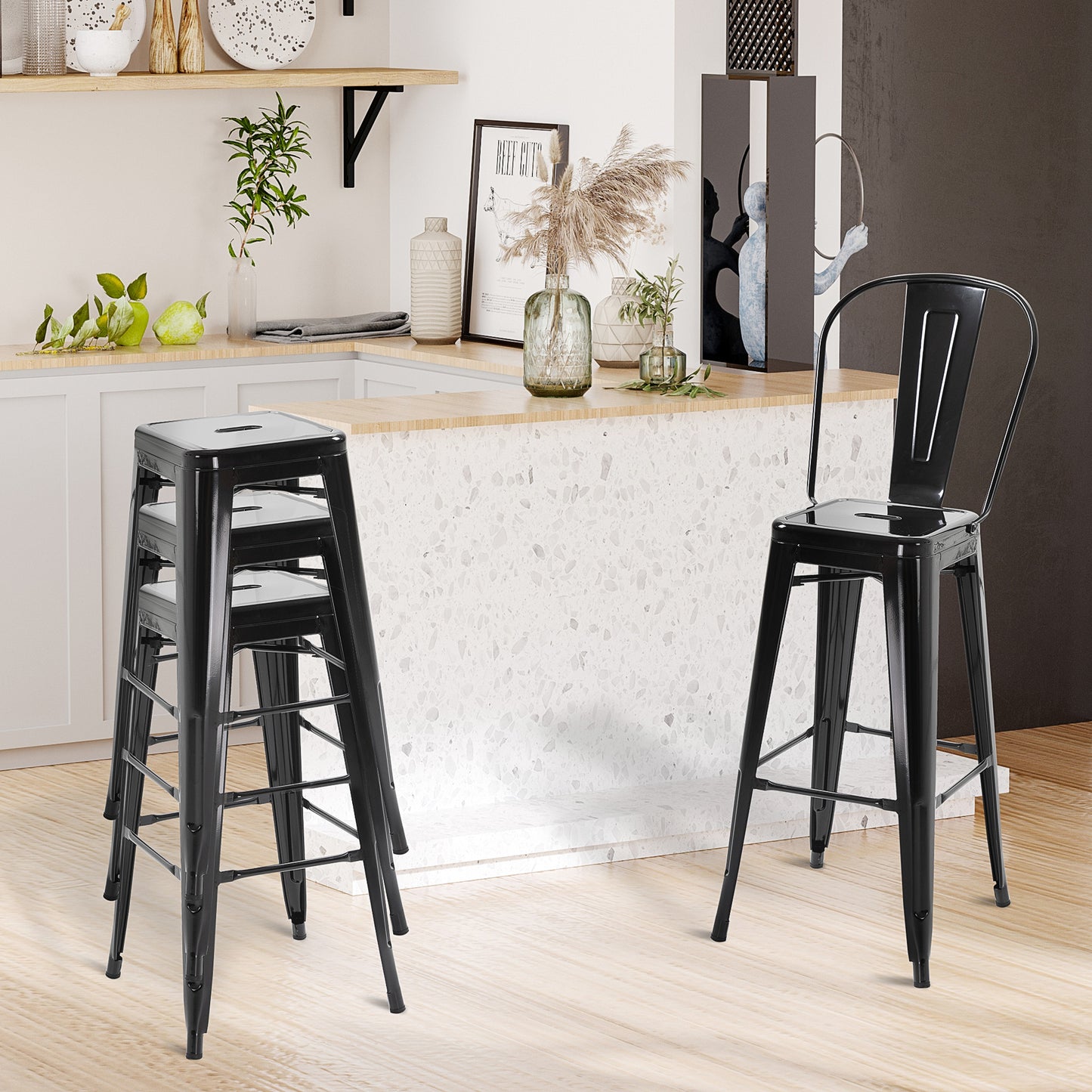 HOMCOM Set of 4 Bar Stools Kitchen Industrial Breakfast Bistro Cafe Metal Frame Black