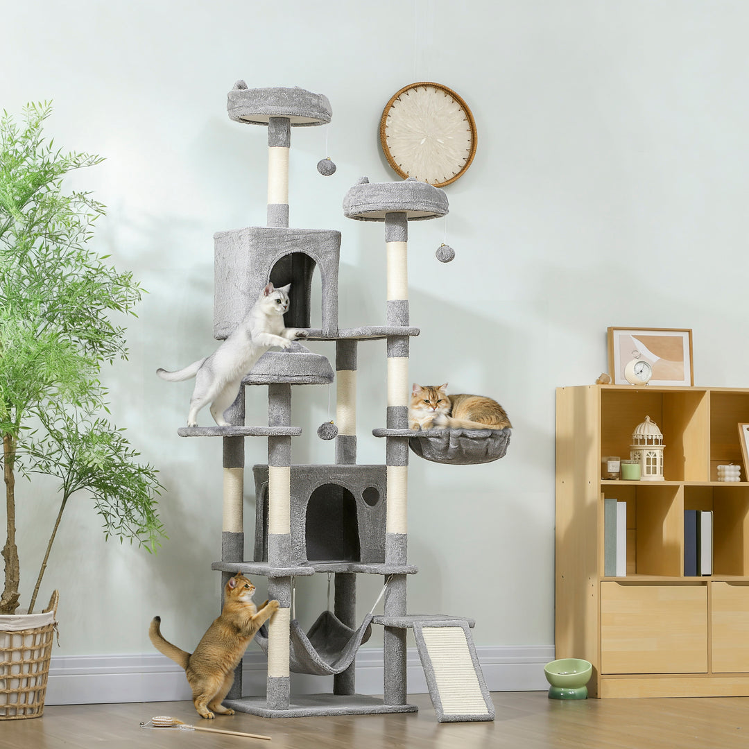 PawHut 76" Large Cat Tree for Indoor Cats with 8 Scratching Posts, 3 Plush Beds, 2 Hammocks, 2 Large Condos, Ramp, Dark Grey