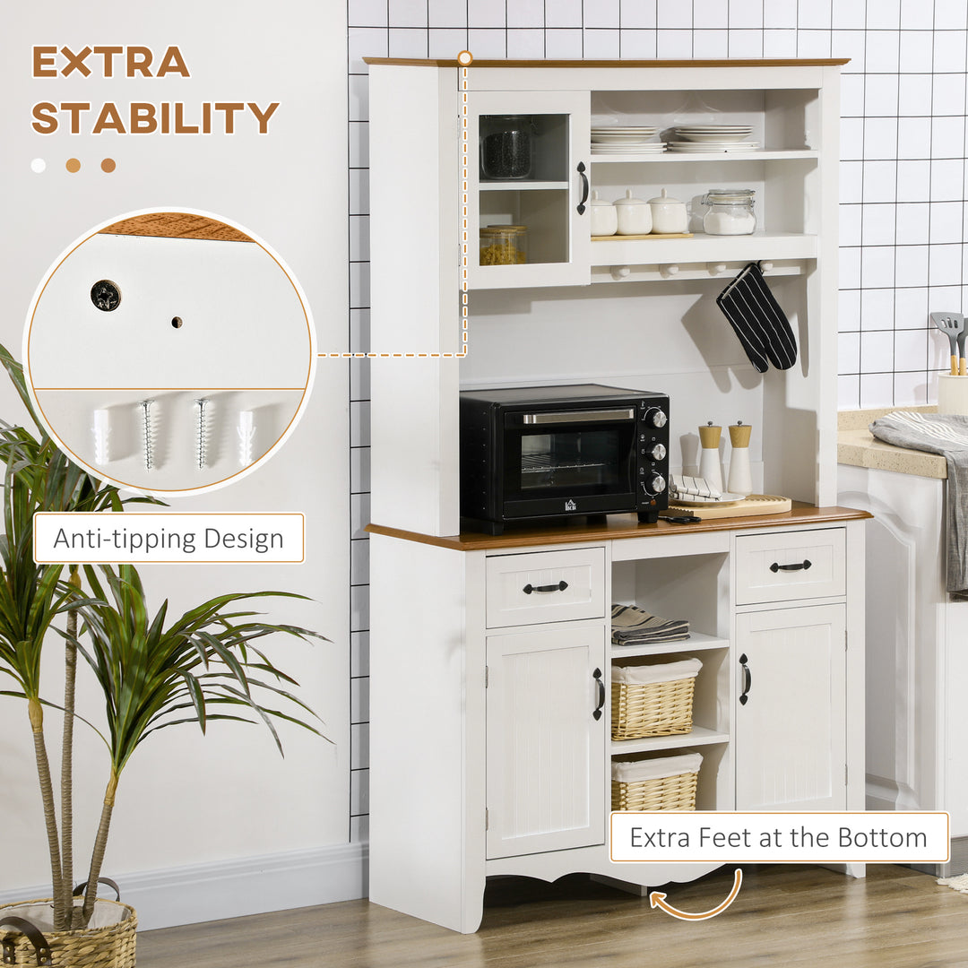 HOMCOM 71" Kitchen Buffet with Hutch, Farmhouse Style Storage Cupboard with Utility Drawer, 3 Door Cabinets and 5-tier Shelves, White