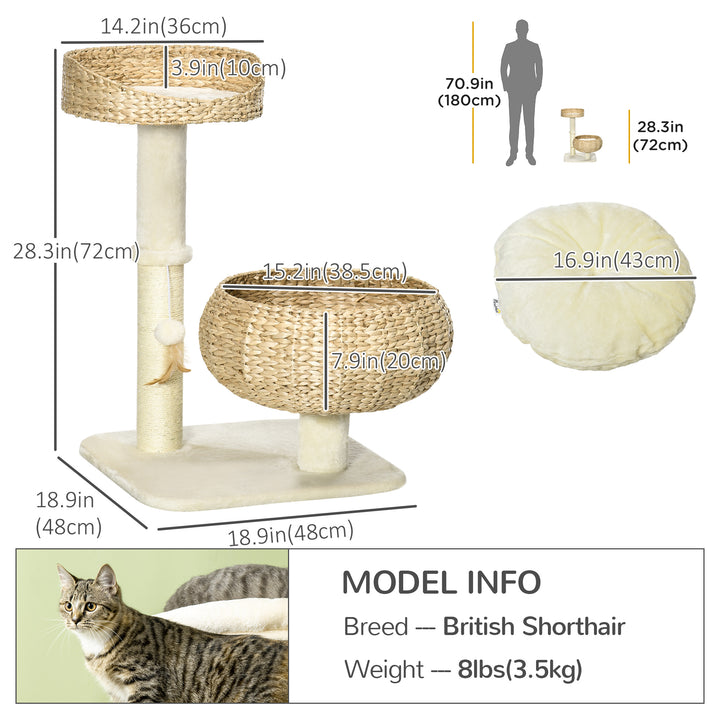 PawHut 28" Cat Tree with Scratching Post, Cat Tower with Double Beds, Beige