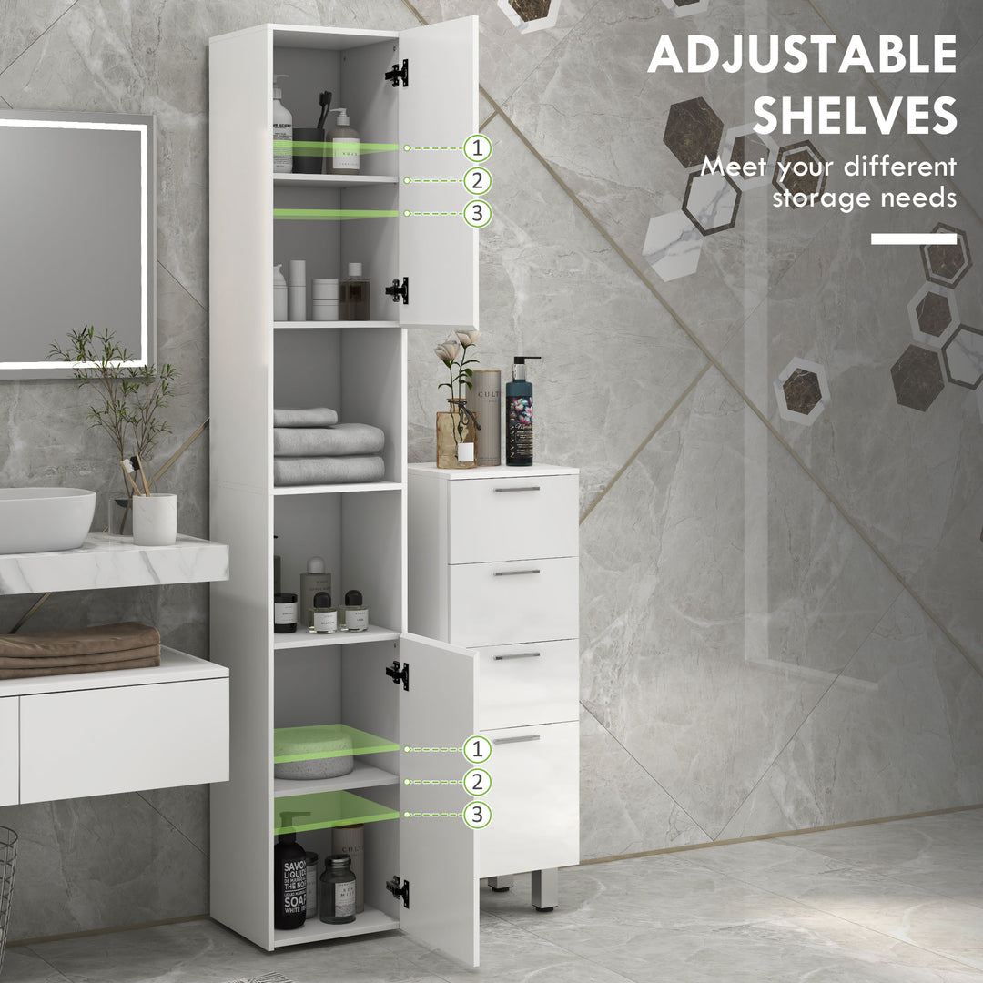 kleankin Tall Bathroom Cabinet, High Gloss Storage Cabinet with Doors and Adjustable Shelves, 11.8" x 11.8" x 71.5", White