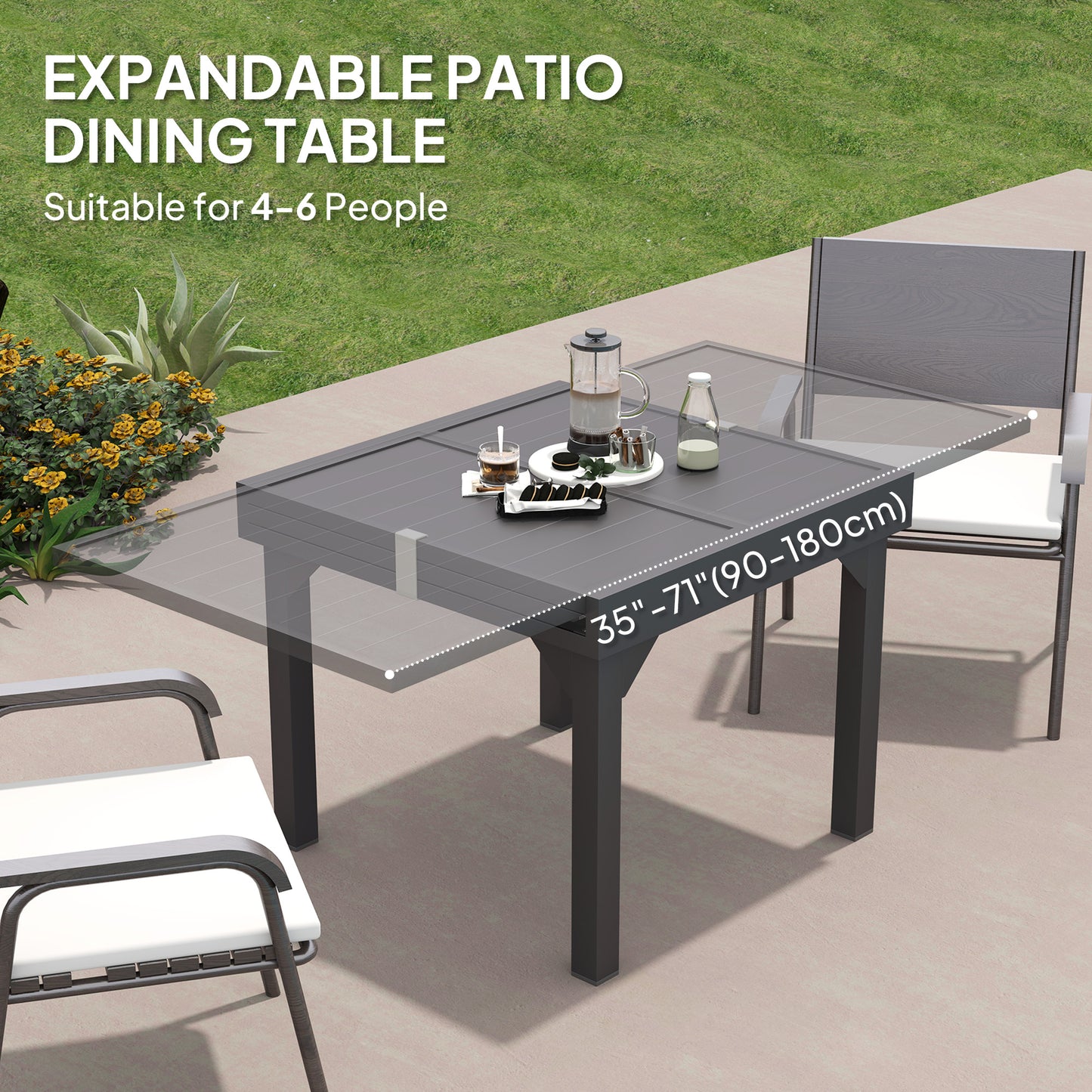 Outsunny 35"-71"  Extendable Aluminium Outdoor Dining Table, Slatted Top Patio Table for 4-6 Person, for Garden, Backyard, Grey