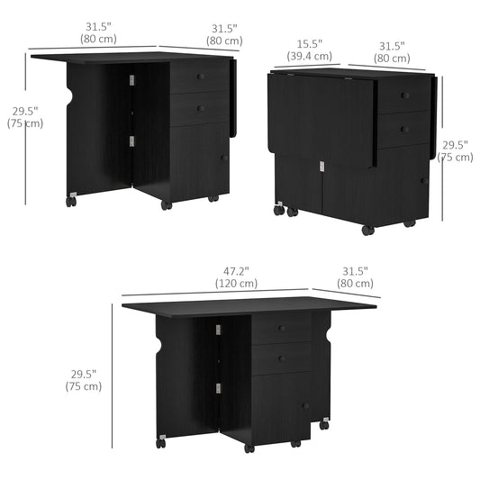 HOMCOM Extendable Dining Table, Drop Leaf Table with 2 Drawers, Cabinet and 6 Wheels for Small Spaces, Kitchen, Black Wood Grain