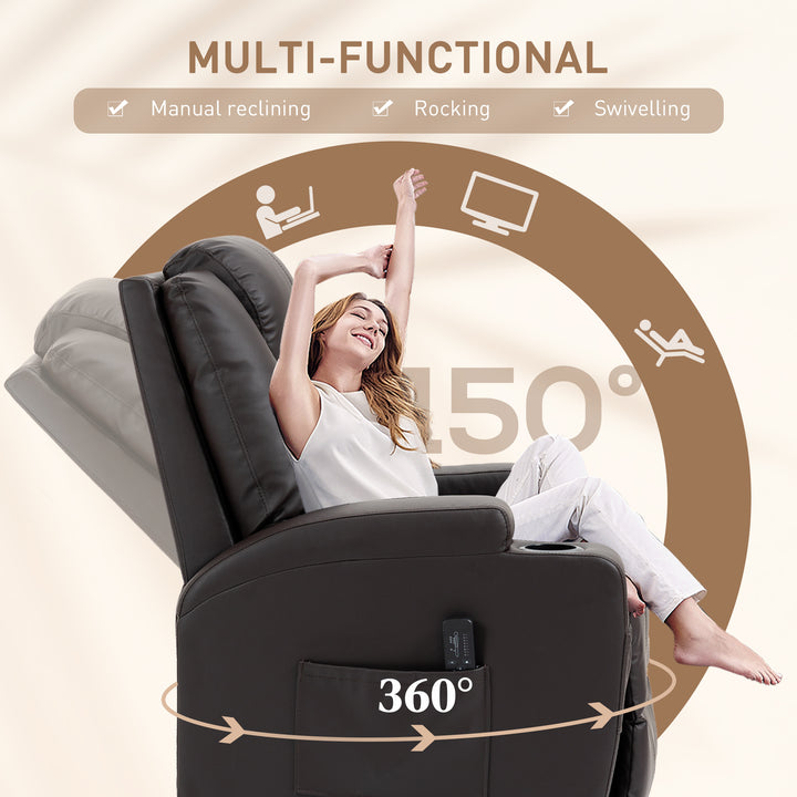 HOMCOM Massage Recliner Chair, Swivel Nursery Rocker Chair, Manual Reclining Sofa with 8 Vibration Points, PU Leather, Cup Holders, Side Pockets, for Living Room, Black