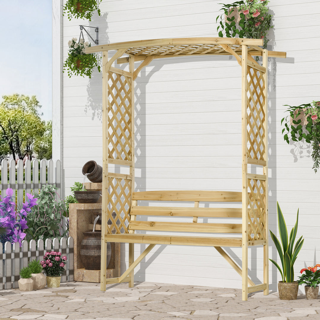 Outsunny Garden Arch with 2 Person Bench, Wooden Garden Arbor Archway Trellis for Climbing Plants, Lawn, Backyard Decor, Natural