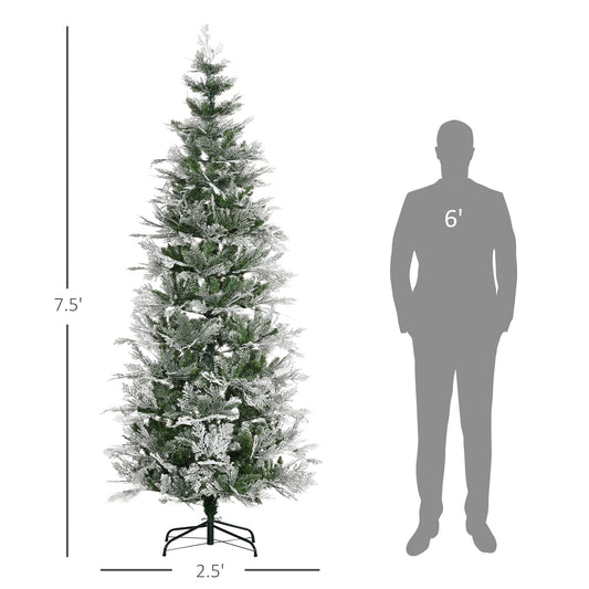 HOMCOM 7.5 Feet Pencil Snow Flocked Artificial Christmas Tree with 880 Realistic Cypress Branches, Auto Open, Green
