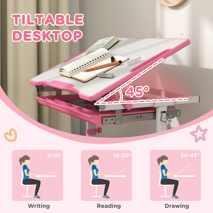 Qaba Height Adjustable Study Table and Chair Set with Drawer, Pen Slot, Tiltable Desktop, Hook, Pink