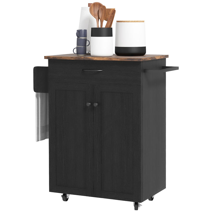 HOMCOM Modern Rolling Kitchen Island Cart with Drawer, Natural Wood Top, Towel Rack, Door Storage Cabinet, Distressed Black