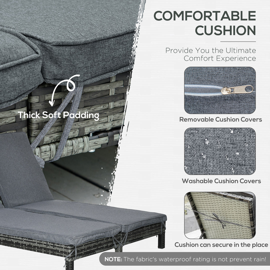Outsunny Wicker Double Chaise Lounge Chair Outdoor Recliner 2 Person Rattan Patio Reclining Sunbed Furniture Cushioned w/Adjustable Backrest, Black, Grey