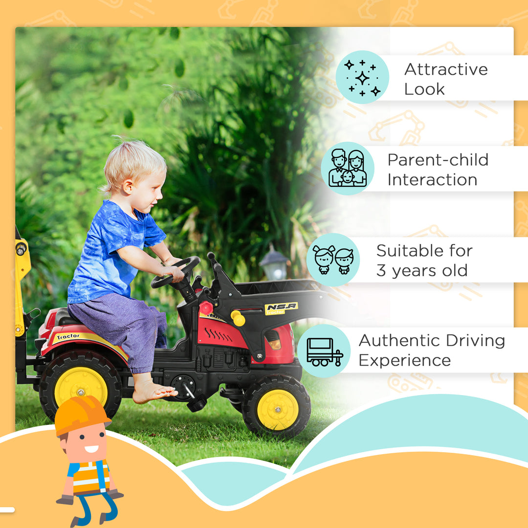 Aosom 3 in 1 Kids Ride On Excavator Toy with 6 Wheels, Bulldozer with Controllable Cargo Trailer & Easy Pedal Controls