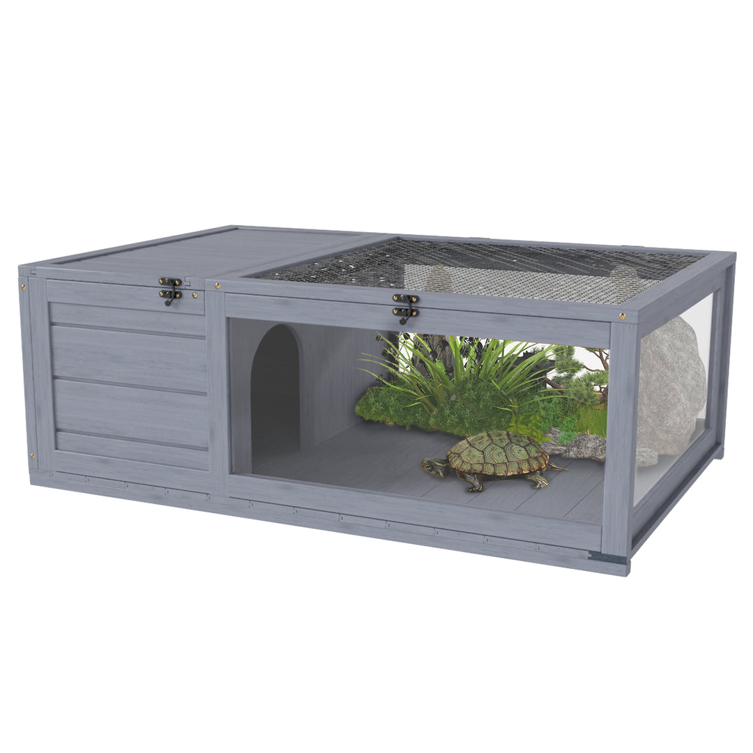 PawHut Wood Tortoise House for Lizards, Geckos, Indoor Outdoor Use, 35.8" x 23.8" x 12.6", Grey