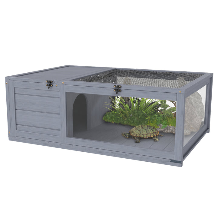 PawHut Wood Tortoise House for Lizards, Geckos, Indoor Outdoor Use, 35.8" x 23.8" x 12.6", Grey