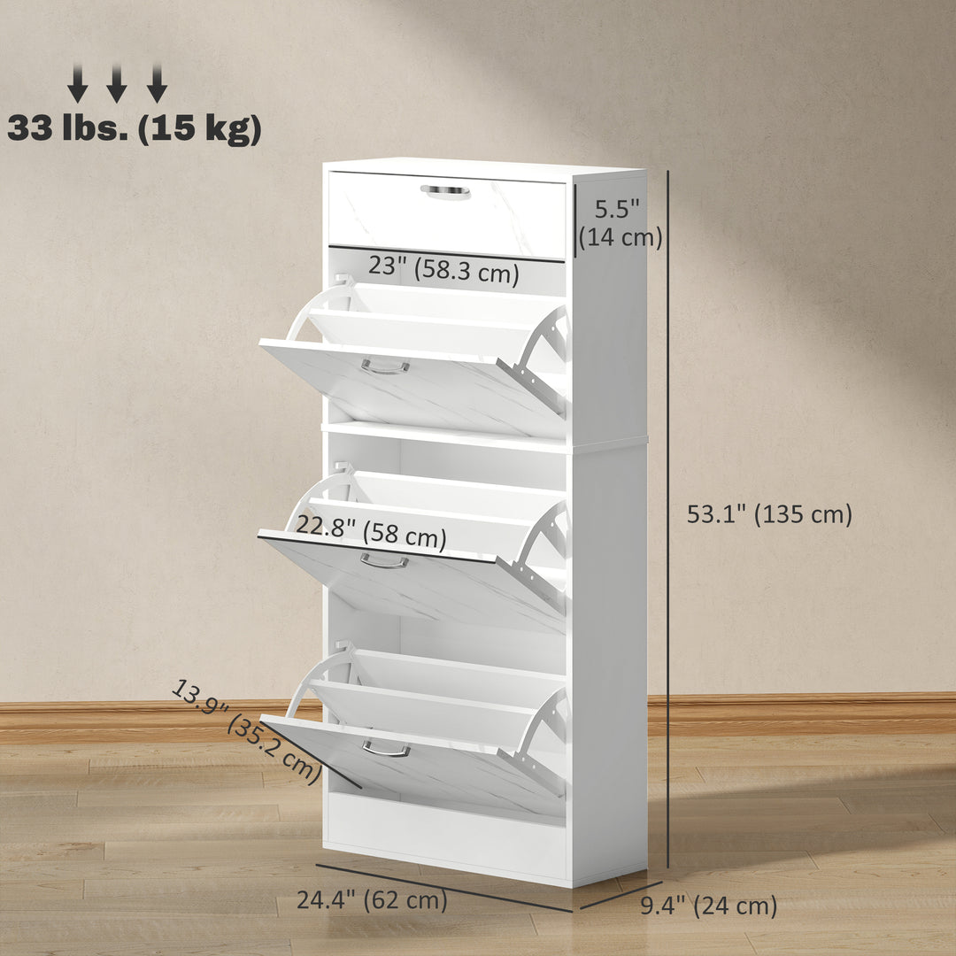 HOMCOM 3 Flip Drawer Shoe Cabinet, Marble-Effect Narrow Shoe Storage Cabinet with Top Drawer and Adjustable Shelves, White