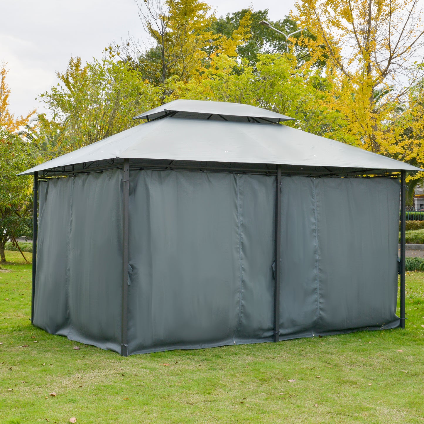 Outsunny 13'L x 10'W x 8.7'H Patio Gazebo Outdoor 2-Tiers Garden Canopy Yard Sunshade Shelter with Curtains, Grey