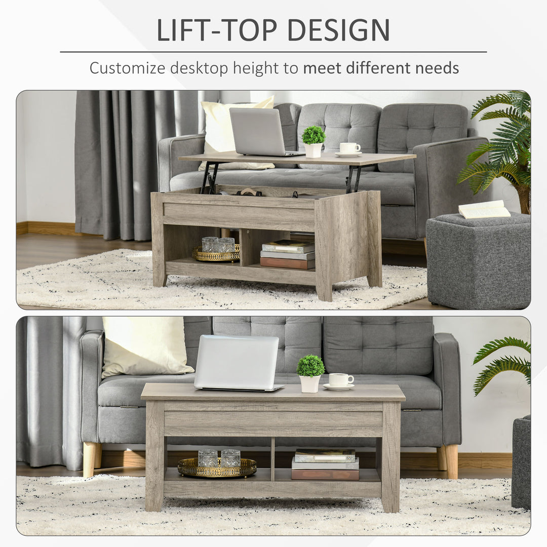 HOMCOM Lift Top Coffee Table with Hidden Storage Compartment and Open Shelves, Lift Tabletop Pop-Up Center Table for Living Room, White