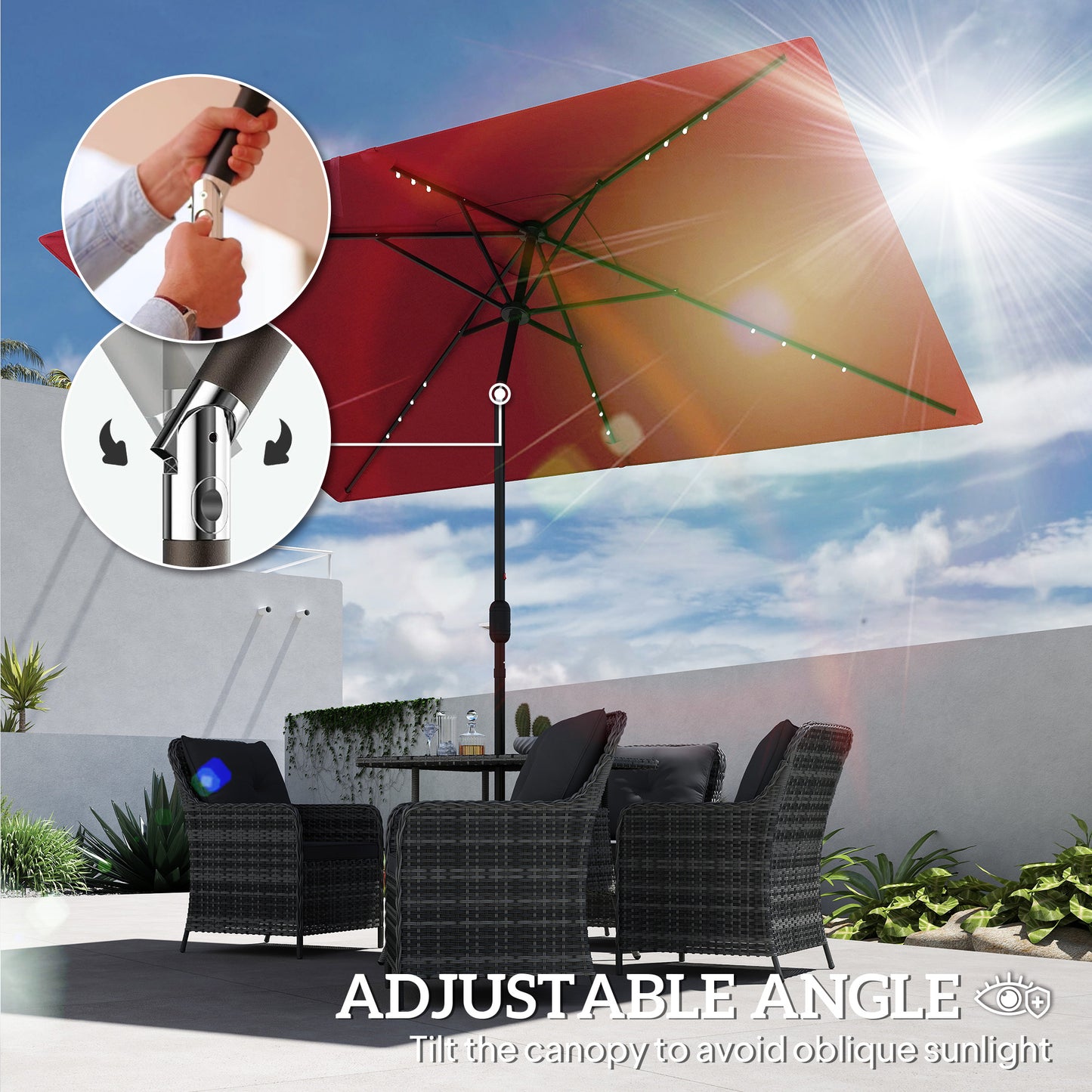 Outsunny 6' x 10' Patio Umbrella with 22 LED Solar Lights and Tilt, Rectangular Outdoor Table Umbrella with Crank, Beige