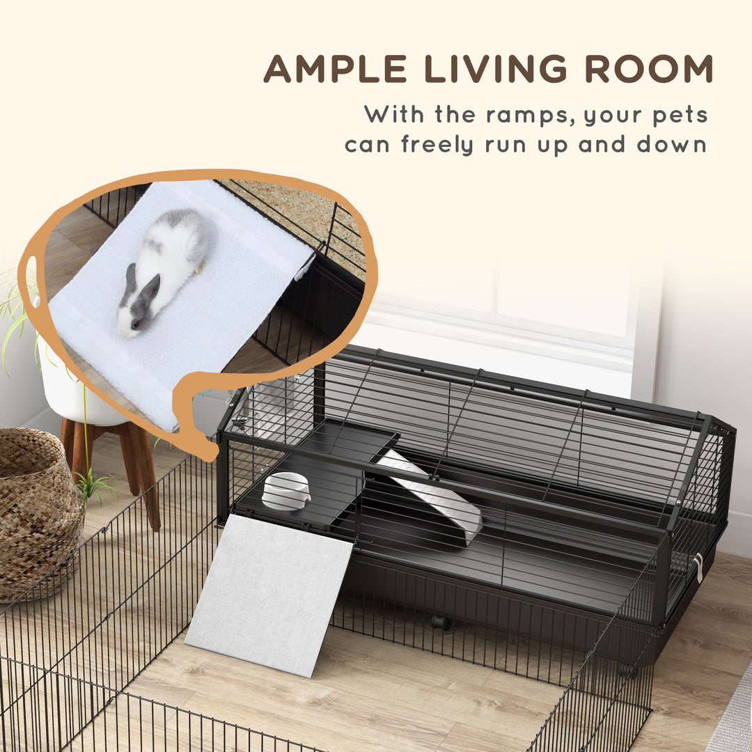 PawHut Metal Small Animal Cage, Rabbit Cage for Guinea Pig Chinchilla Hedgehog Bunny with Removable Wheels and Foldable Detachable Run Fence, 34.6" L x 50.6" W x 22" H