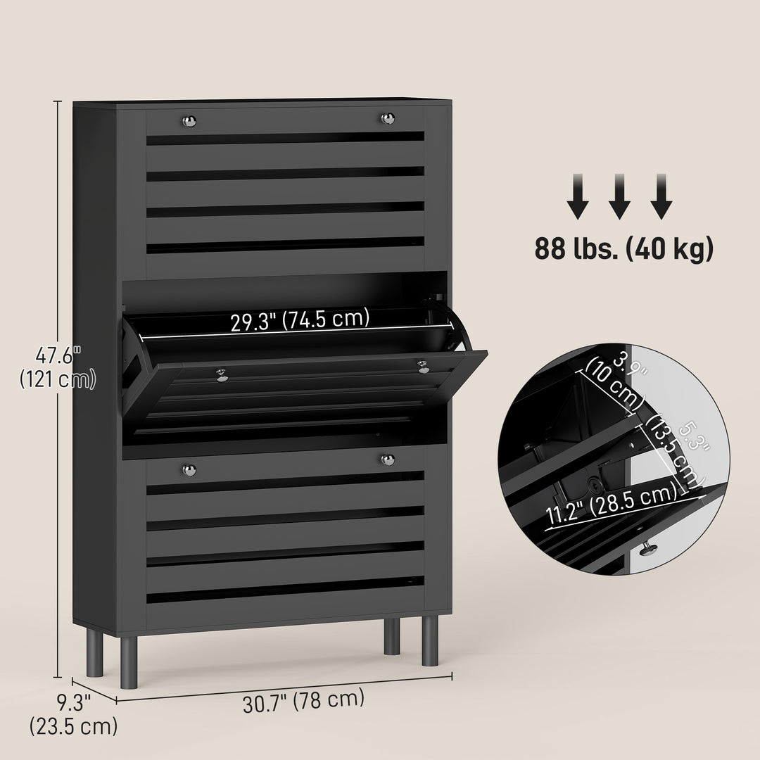 HOMCOM Narrow Shoe Storage Cabinet, 3 Flip Drawers, Adjustable Shelves, 24 Pairs Capacity, White