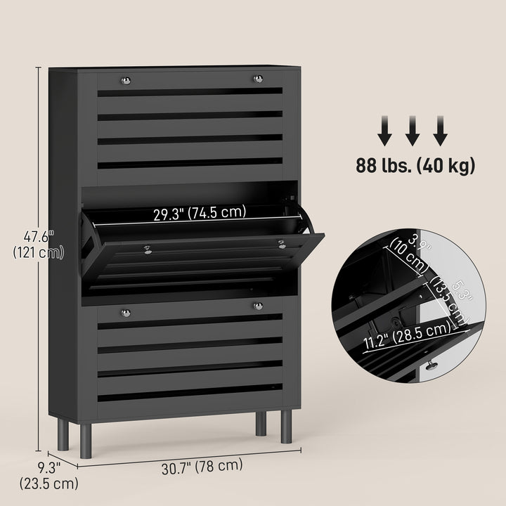 HOMCOM Narrow Shoe Storage Cabinet, 3 Flip Drawers, Adjustable Shelves, 24 Pairs Capacity, White