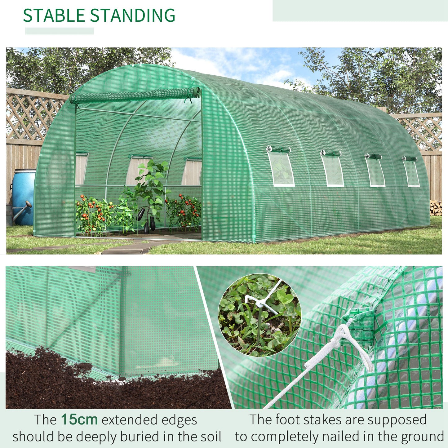 Outsunny Walk-in Tunnel Greenhouse, 13 x 6.4 x 6.5 ft Hoop House with Zipped Roll-Up Door and 8 Mesh Windows, Outdoor Greenhouse with Galvanised Steel Frame, Green