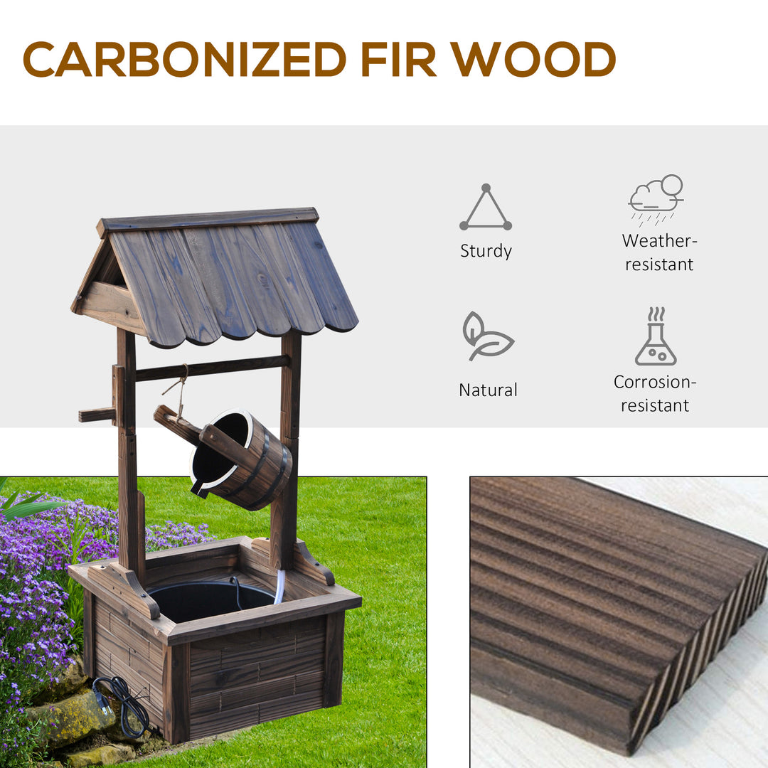 Outsunny Wooden Well Wishing Fountain Outdoor with Electric Pump Water Bucket for Patio Garden Carbonized