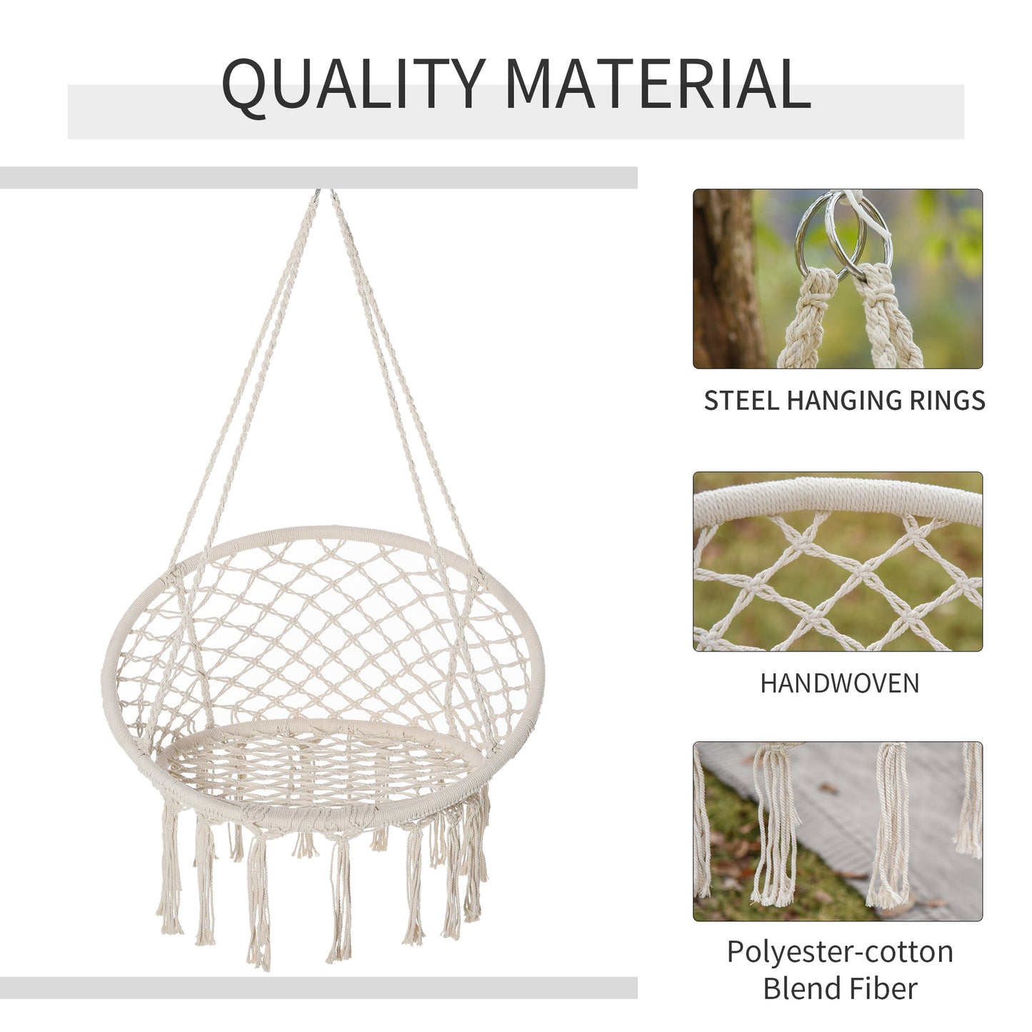 Outsunny Patio Hammock Chair, Hanging Rope Hammock Swing for Indoor & Outdoor Use with Backrest, Cotton-Polyester Blend, Fringe Tassels, Dark Grey