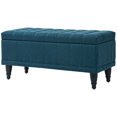 HOMCOM Storage Ottoman, Linen Fabric End of Bed Bench with Button Tufted Storage Bench for Bedroom, Blue