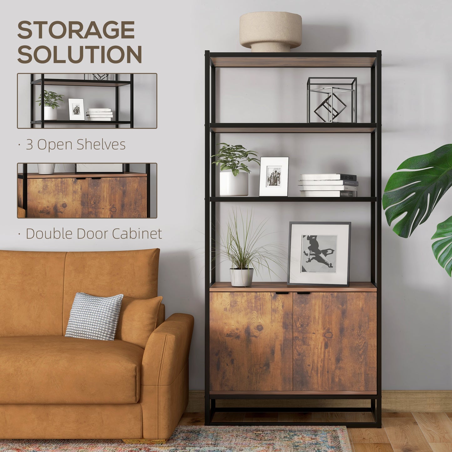 HOMCOM Storage Cabinet with 3 Open Shelves Cupboard Freestanding Tall Organizer Multifunctional Rack for Livingroom Bedroom Kitchen Rustic Brown