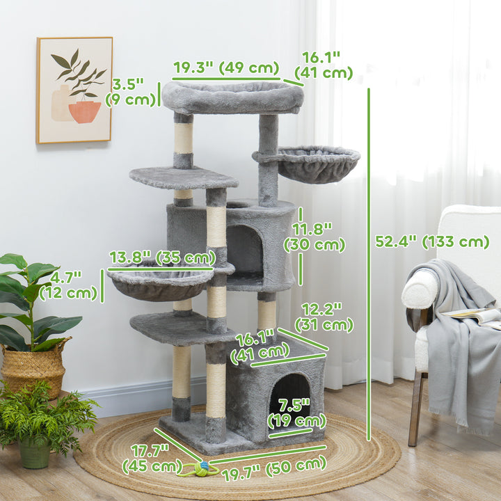 PawHut 52.5" Cat Tree Tower with Scratching Posts, Cat Condos, Bed, Platforms, Hammocks, for Indoor Cats, Dark Grey