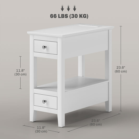 HOMCOM Narrow Side Table with Charging Station, USB Ports, Modern End Table with Storage Shelf, Drawers for Living Room, White