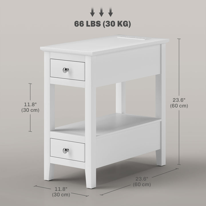 HOMCOM Narrow Side Table with Charging Station, USB Ports, Modern End Table with Storage Shelf, Drawers for Living Room, White