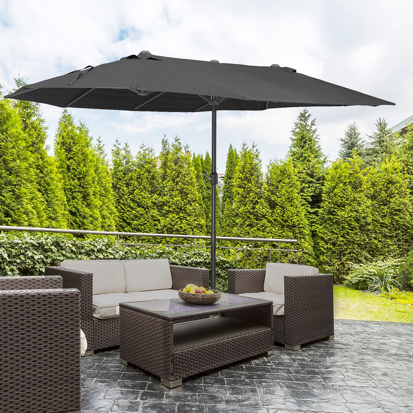 Outsunny 15ft Double-sided Patio Umbrella with Twin Canopy, Extra Large Outdoor Parasol with Crank for Pool, Deck, Market, Blue