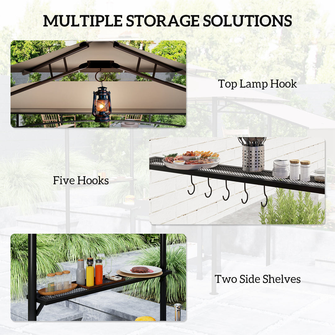 Outsunny 8' x 5' Grill Gazebo, Double Tiered Barbecue Grill Gazebo Shelter with Side Awning, 2 Side Shelves, 6 Hooks, Khaki