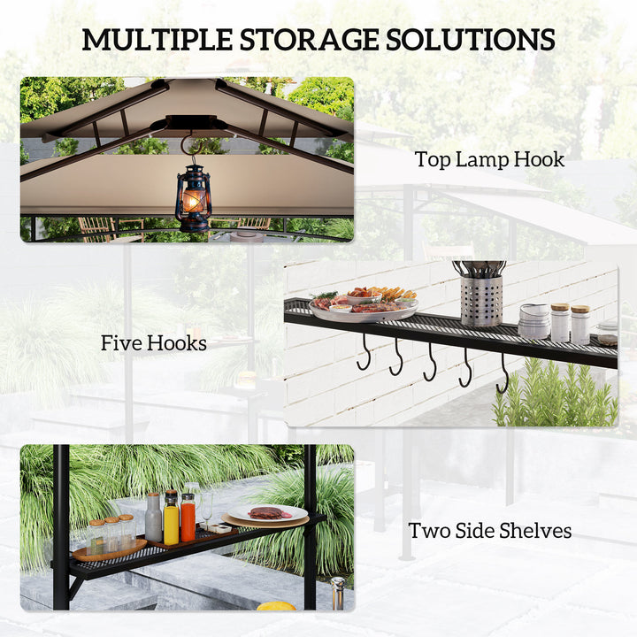 Outsunny 8' x 5' Grill Gazebo, Double Tiered Barbecue Grill Gazebo Shelter with Side Awning, 2 Side Shelves, 6 Hooks, Khaki
