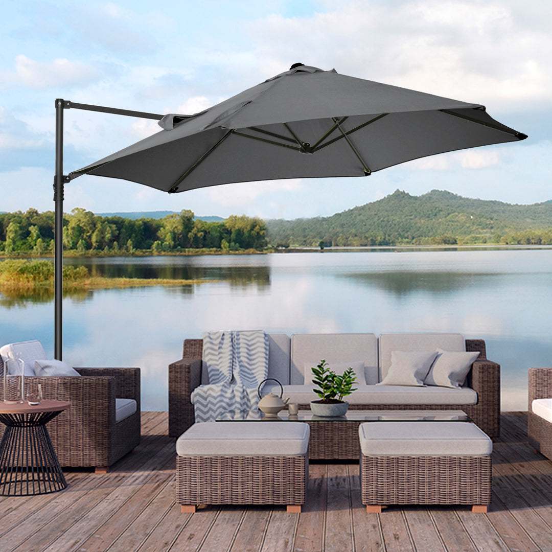Outsunny 8.5FT Outdoor Cantilever Roma Parasol with 360° Rotation and Cross Base, Offset Patio Umbrella for Garden, Dark Grey