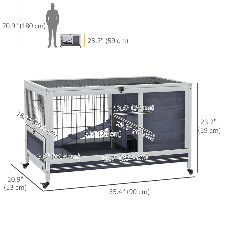 PawHut Wooden Indoor Rabbit Hutch Elevated Bunny Cage Habitat with Enclosed Run with Wheels, Suitable for Rabbits and Guinea Pigs, Grey