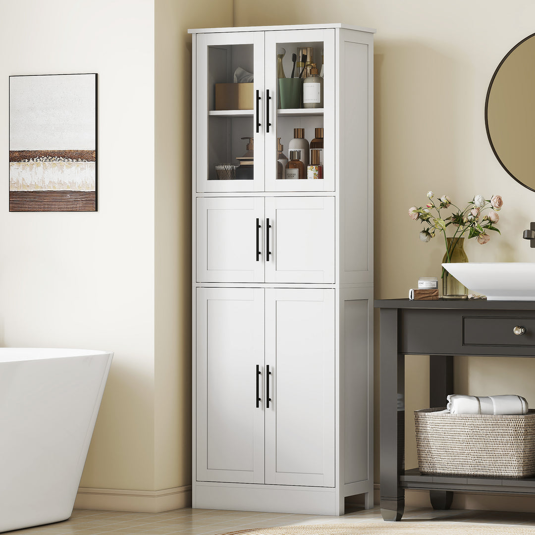 HOMCOM 67" Tall Bathroom Storage Cabinet, Modern Freestanding Bathroom Cabinet with Glass Doors and Adjustable Shelves, White
