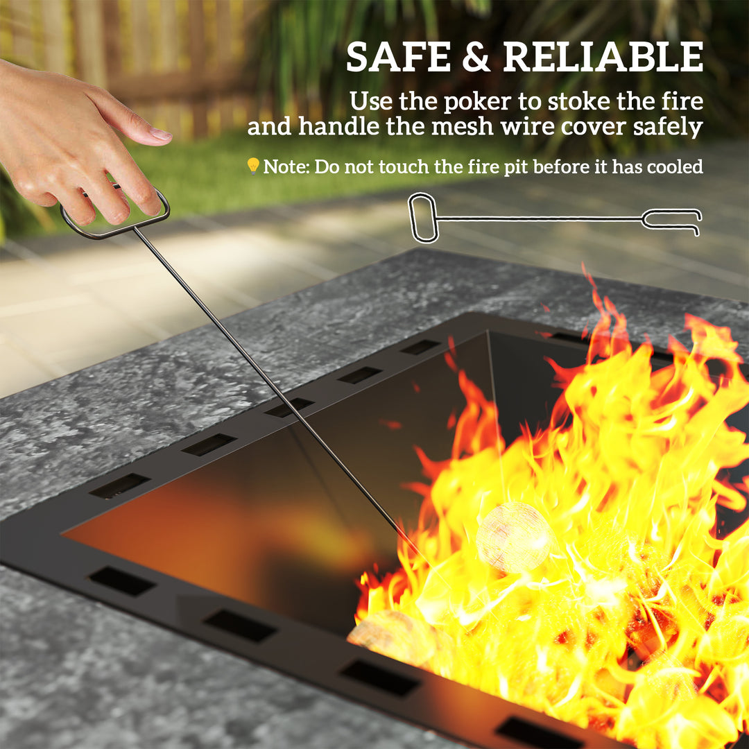 Outsunny Fire Pit with Fire Poker, Wood Burning Firepit for Outside with Mesh Lid, Magnesium Oxide Stone Texture, Charcoal Grey