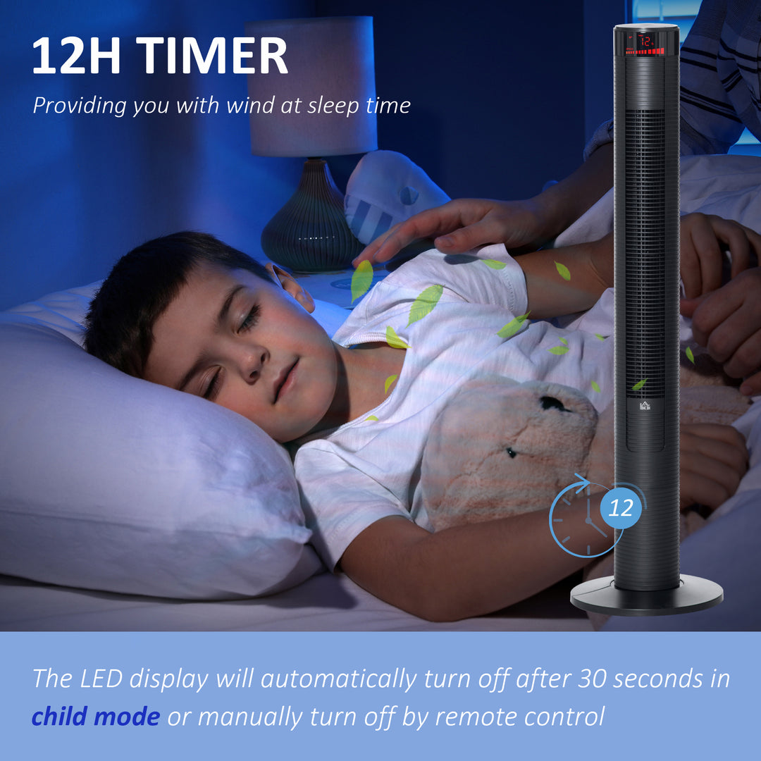 HOMCOM Freestanding Tower Fan Cooling for Home Bedroom with 3 Speed, 12h Timer, Oscillating, LED Panel, Remote Controller, Black
