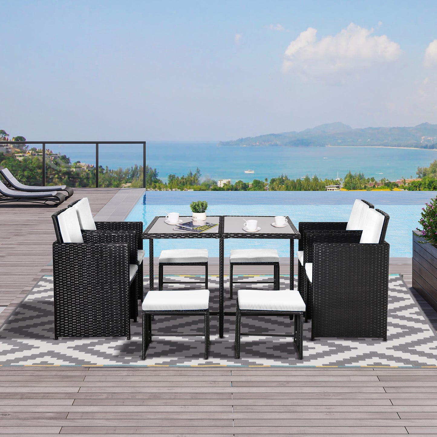 Outsunny 9 Pieces Patio Wicker Dining Set, PE Rattan Garden Sectional Sofa Outdoor Space-Saving Furniture Sets, White