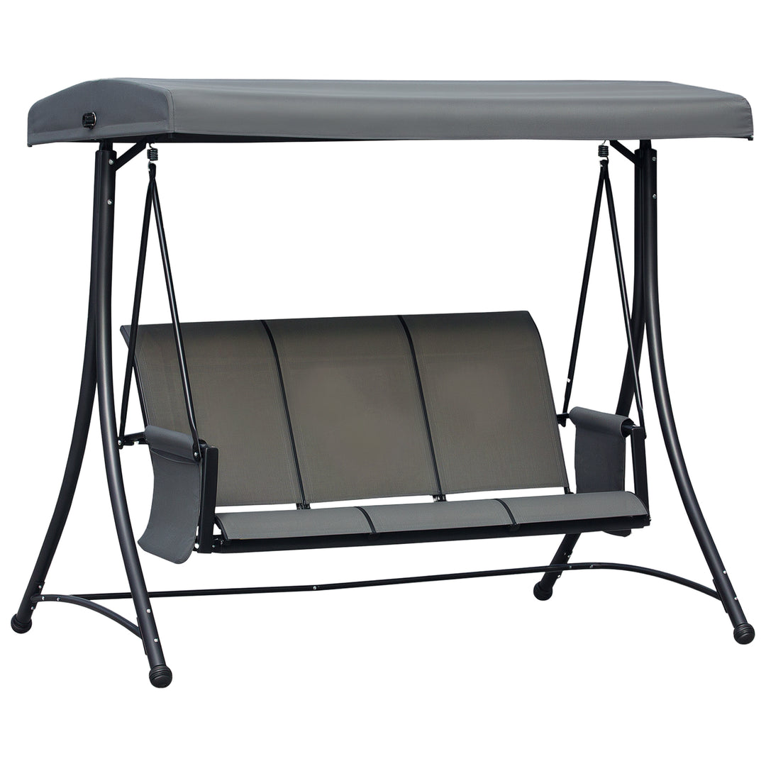 Outsunny 3 Person Porch Swing Outdoor Swing Chair with High Back Design, Side Pouches and Adjustable Canopy, Dark Grey