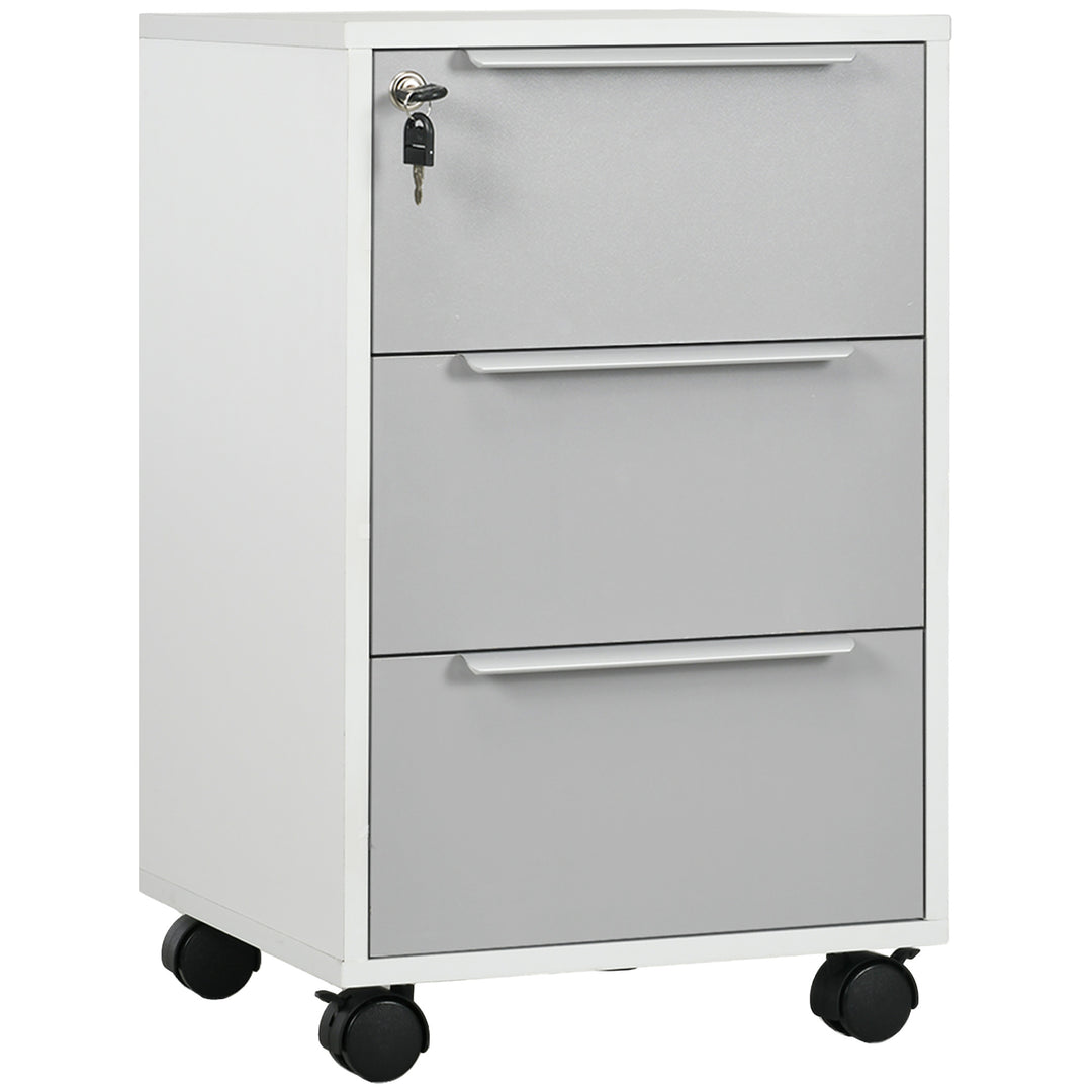 HOMCOM 3 Drawer File Cabinet with Wheels, Vertical Filing Cabinet with Lock, Grey