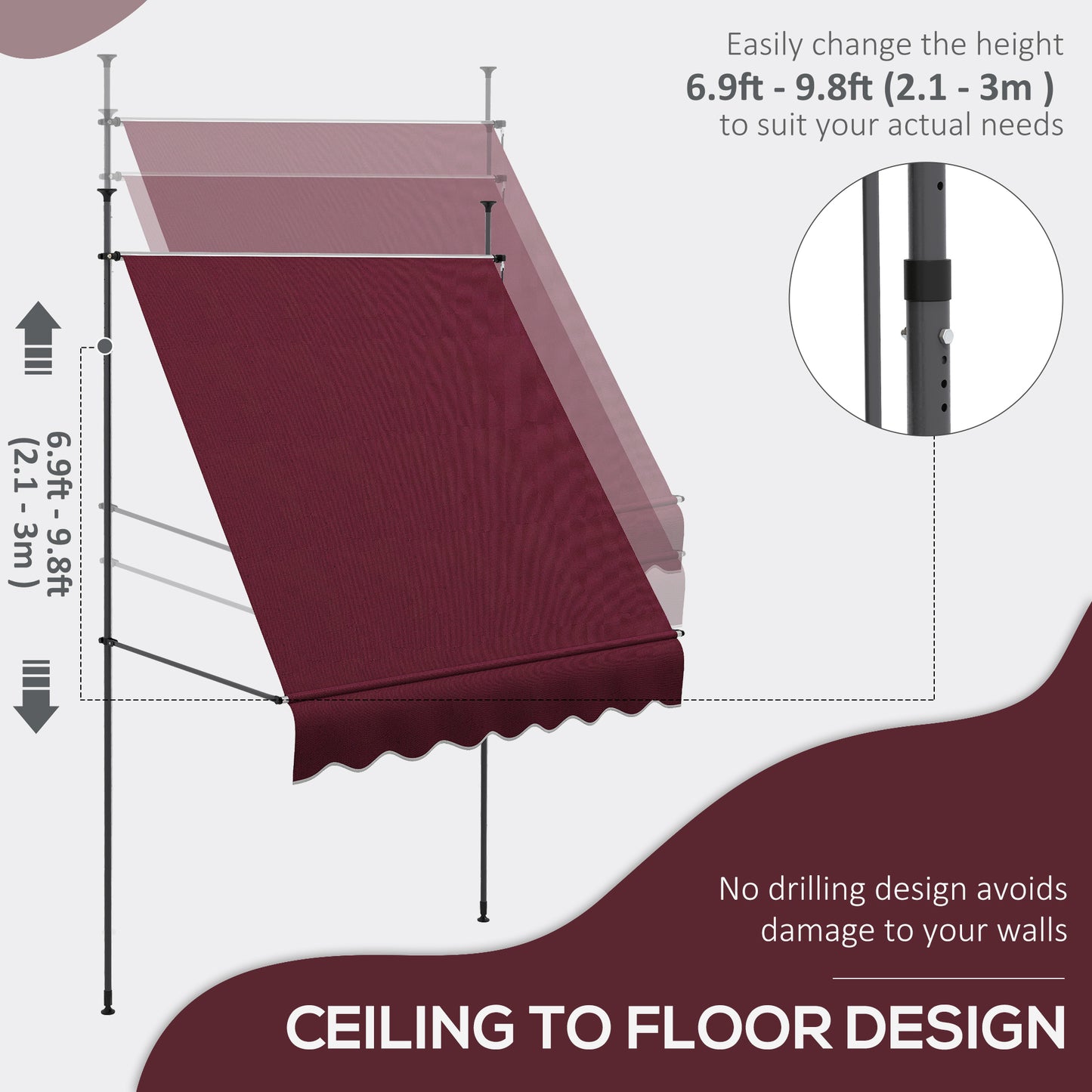 Outsunny 6.5' x 4' Manual Retractable Awning, Non-Screw Freestanding Patio Awning, UV Resistant, for Window or Door, Wine Red