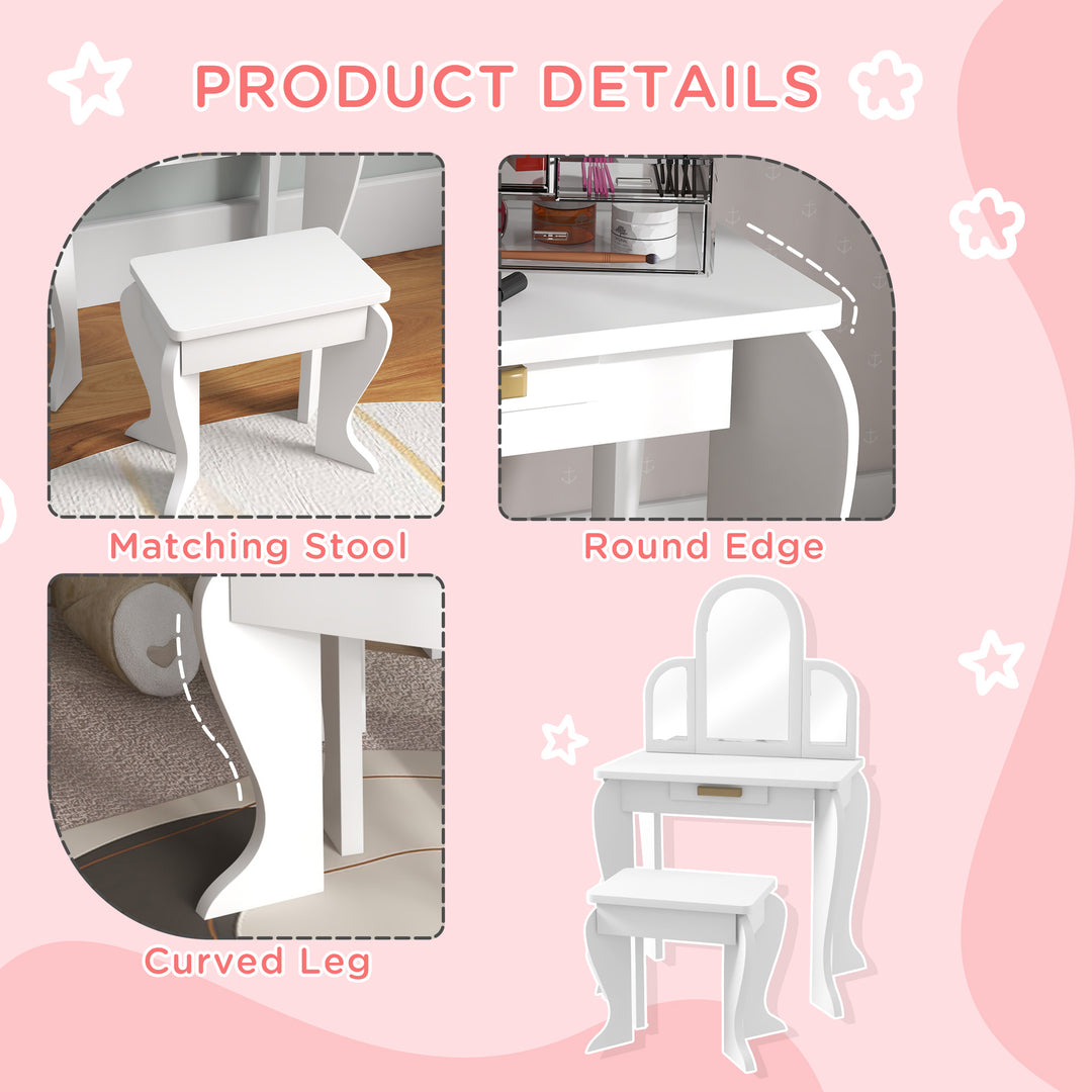 Qaba Kids Dressing Table and Chair Set, Girls Dressing Set, Makeup Desk with Drawer for 3-6 Years Old Kids, Pink