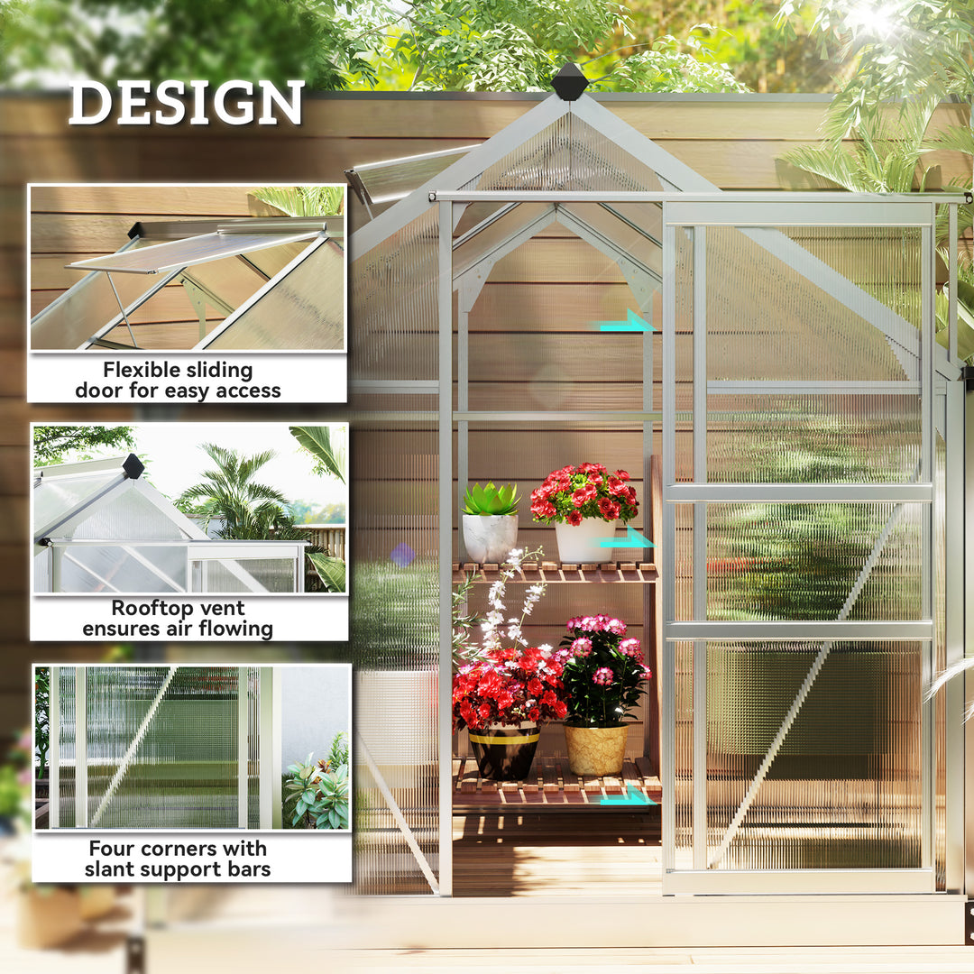 Outsunny 6.2' x 6.3' x 6.6' Clear Polycarbonate Greenhouse, Large Walk-In Green House Garden, Plants Grow, Galvanized Sheet  Frame w/ Slide Door