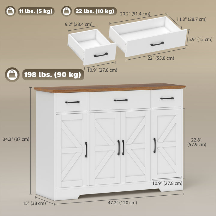 HOMCOM 47" Buffet Cabinet with Soft-Close Hinges, Farmhouse Sideboard with 3 Drawers, Adjustable Shelves and Spice Racks, White